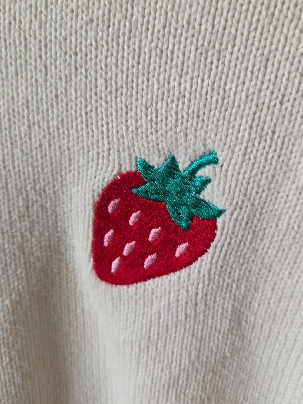EUC HAPPILY GREY CREAM COTTON BLEND STRAWBERRY EMBROIDERED SWEATER M - Picture 5 of 14